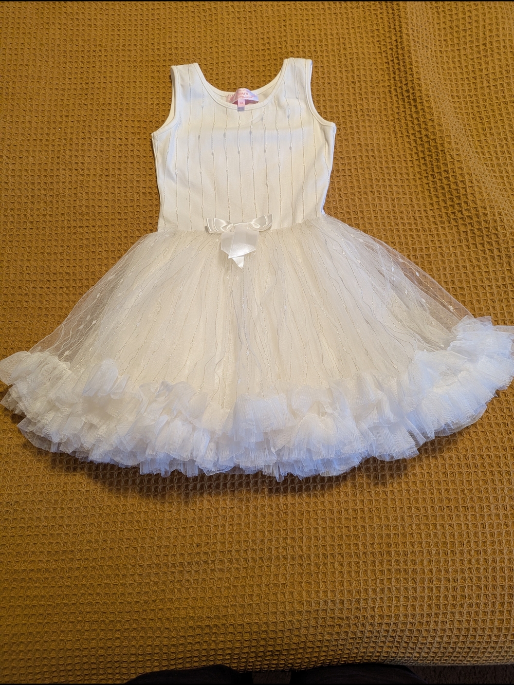 Popatu White Tulle Party Dress with Bow Accent, 5-6y